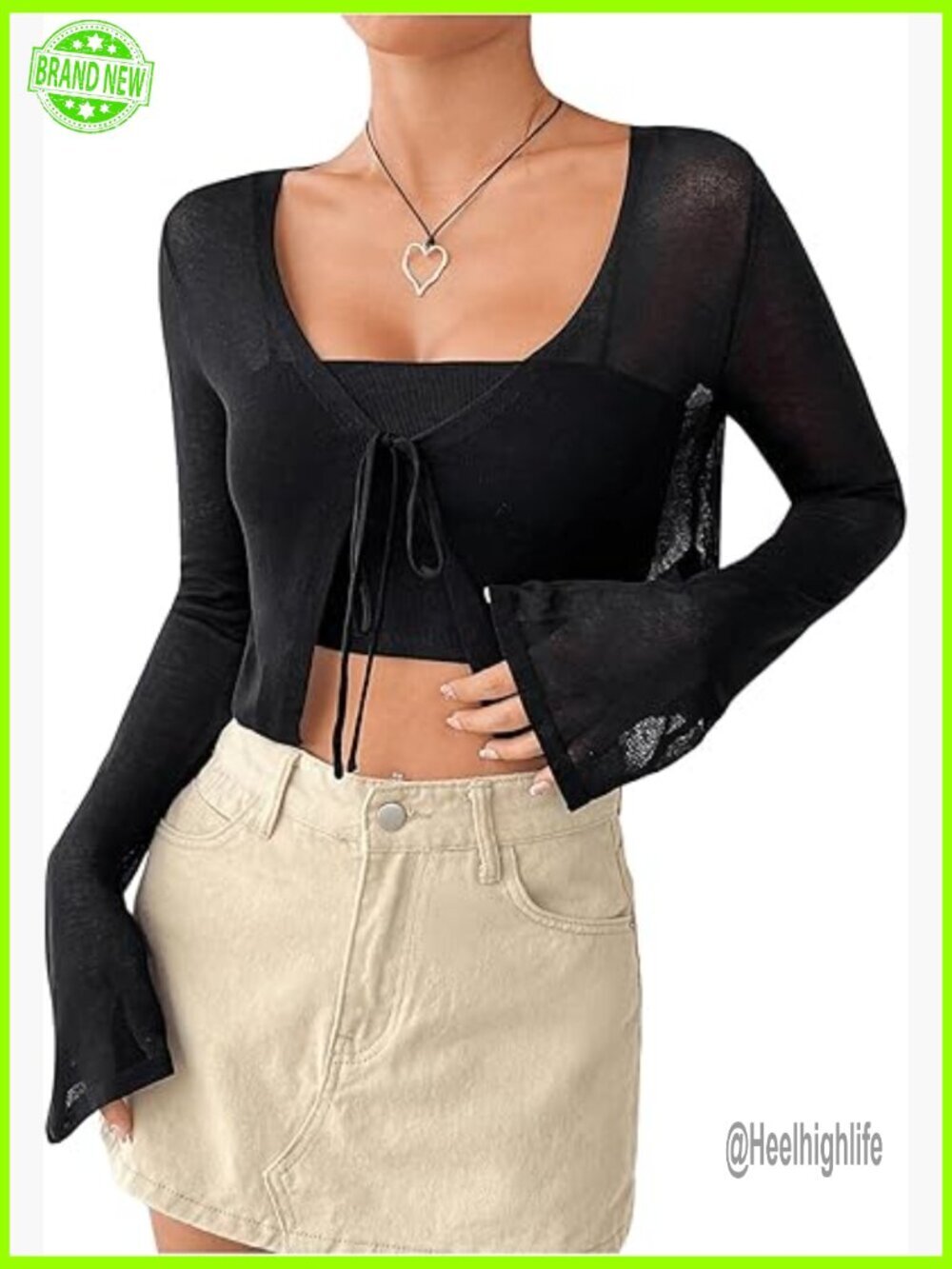 Mesh Sheer V Neck Tie Front Long Sleeve Crop Cardigan Size Medium